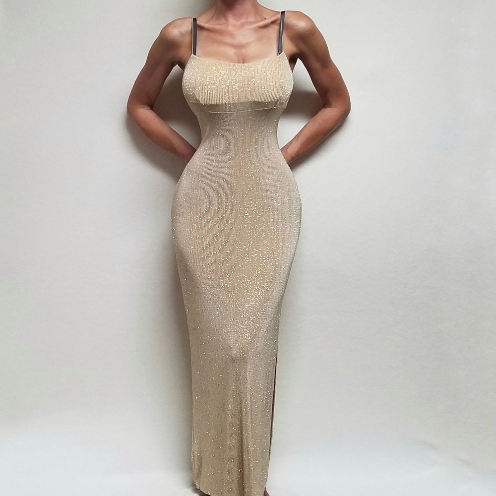 80s Vintage City Triangles Gold Metallic Knit Strappy Backless Slit Maxi Dress M - Picture 2 of 14